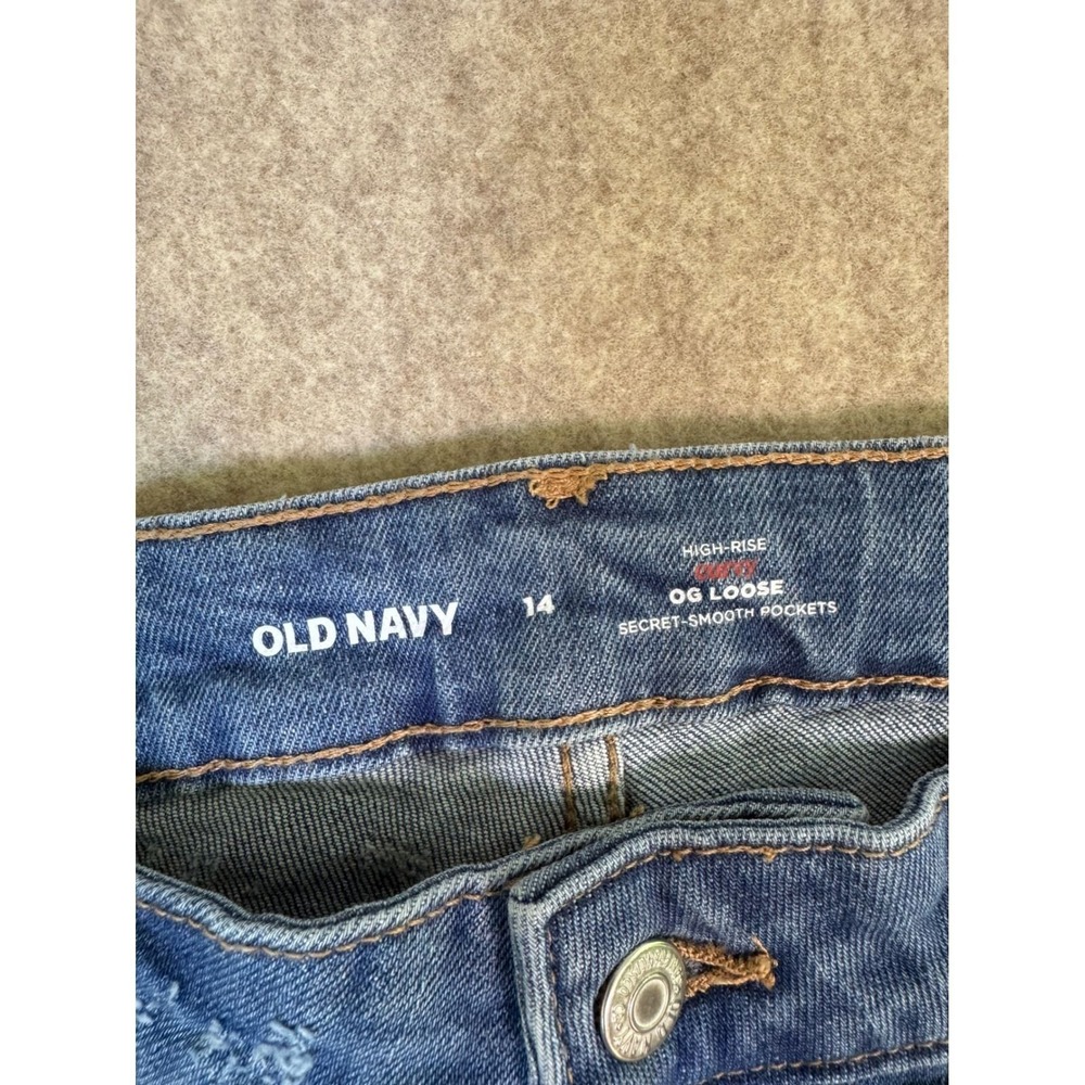 P10. Old Navy Curvy OG Loose Baggy High Rise Jeans Blue Pixelated Print Straight - Picture 3 of 4